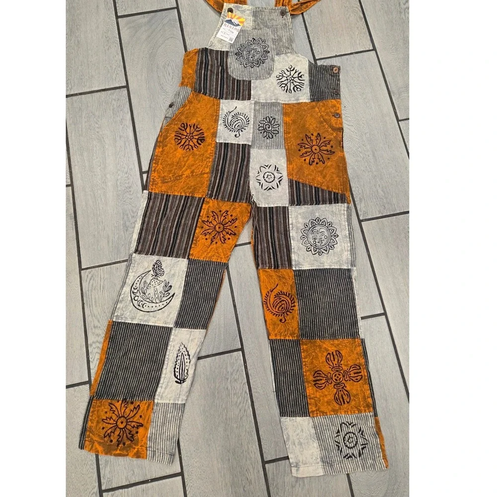 Rising International Patchwork Overalls Sun Moon Boho Hippie Nepal Small D1136